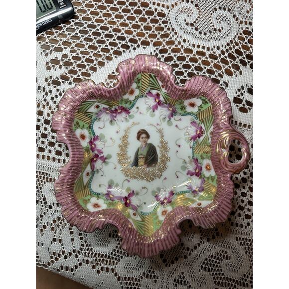 VTG Handpainted Gold Trim Princess & Flowers Porcelain Bon Bon Candy Dish 8” EC - Picture 1 of 6